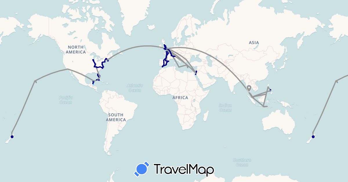 TravelMap itinerary: driving, bus, plane, boat in Bulgaria, Belize, Cuba, Egypt, Spain, France, United Kingdom, Gibraltar, Greece, Indonesia, Israel, Italy, Malta, Mexico, Malaysia, New Zealand, Philippines, Palestinian Territories, Singapore, Thailand, United States (Africa, Asia, Europe, North America, Oceania)